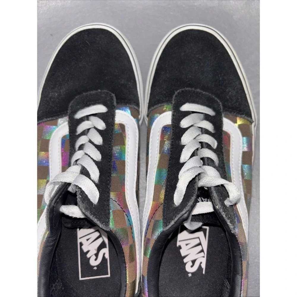 Vans Ward Women's Size 8.5 Iridescent Check Skate Shoes 500714 Rainbow Blk Wht‎